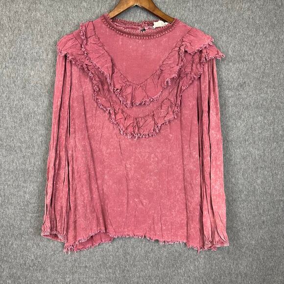 143 Story Maroon Acid Wash Top Sz L Raw Hem Pioneer Renaissance Ruffled Rayon - Picture 1 of 8